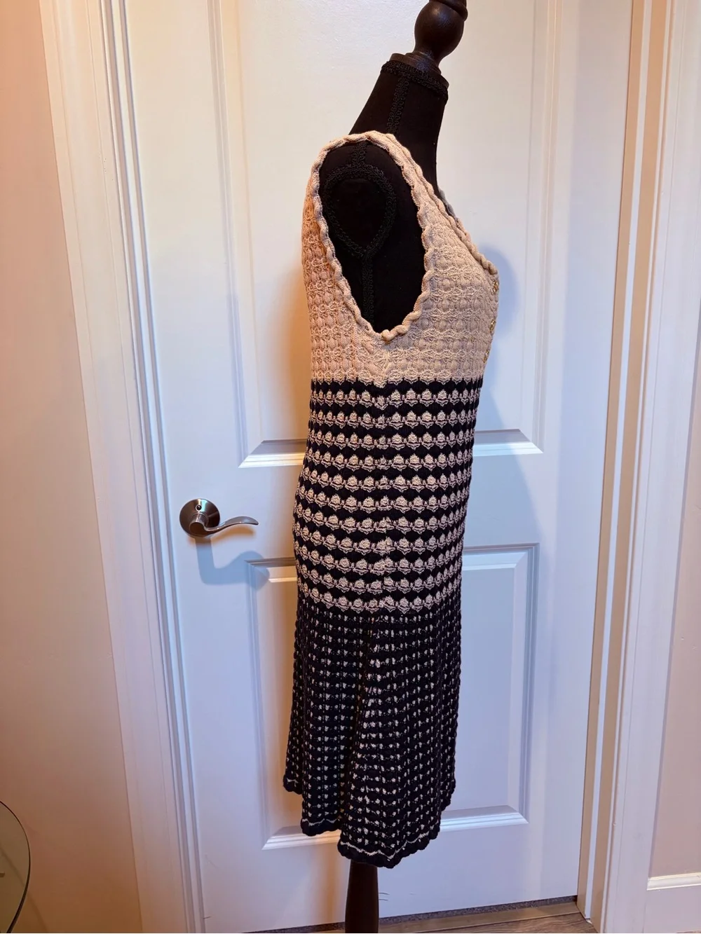 CHANEL Sleeveless Crochet Knit Midi Dress in Cream and Blue